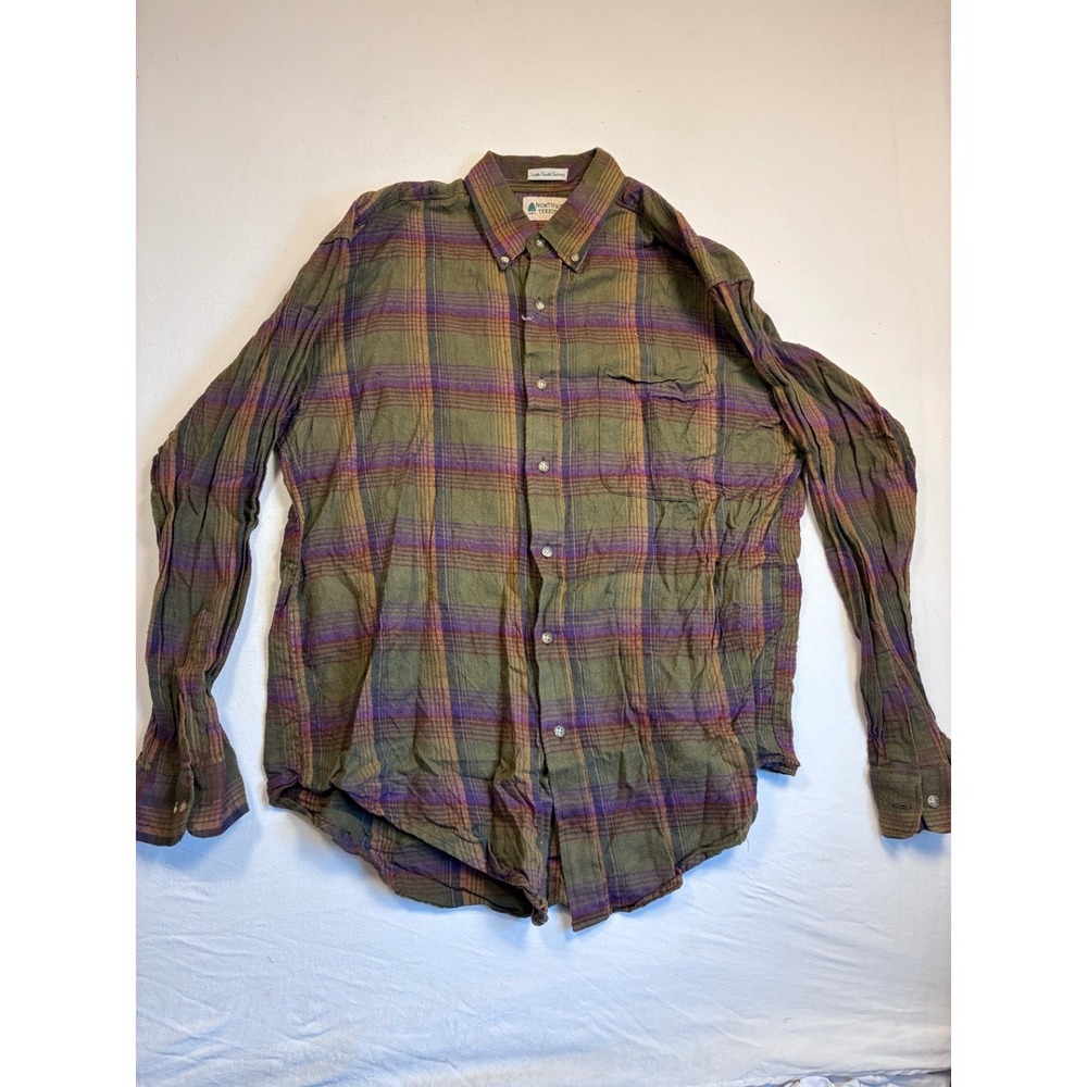 Northwest Territory Mens Plaid Button Down Shirt Long Sleeve Cotton Large Green
